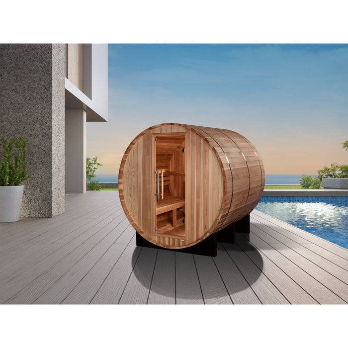 Golden Designs "Arosa" 4 Person Barrel Traditional Sauna - Pacific Cedar - Sauna Super