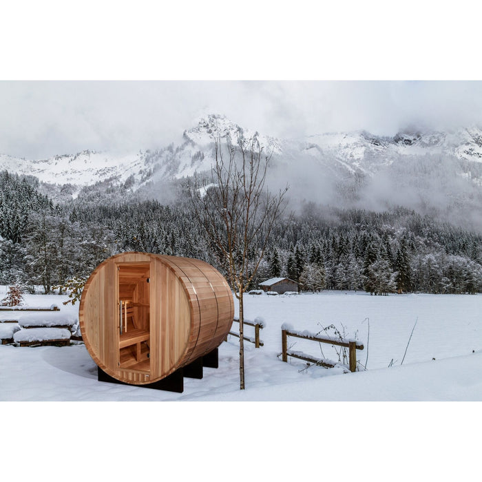 Golden Designs "Arosa" 4 Person Barrel Traditional Sauna - Pacific Cedar - Sauna Super