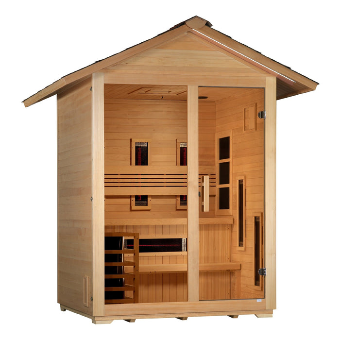 Golden Designs Golden Designs "Carinthia" 3 Person Hybrid (PureTech™ Full Spectrum IR or Traditional Stove) Outdoor Sauna - Canadian Hemlock GDI-8123-01 Sauna Super