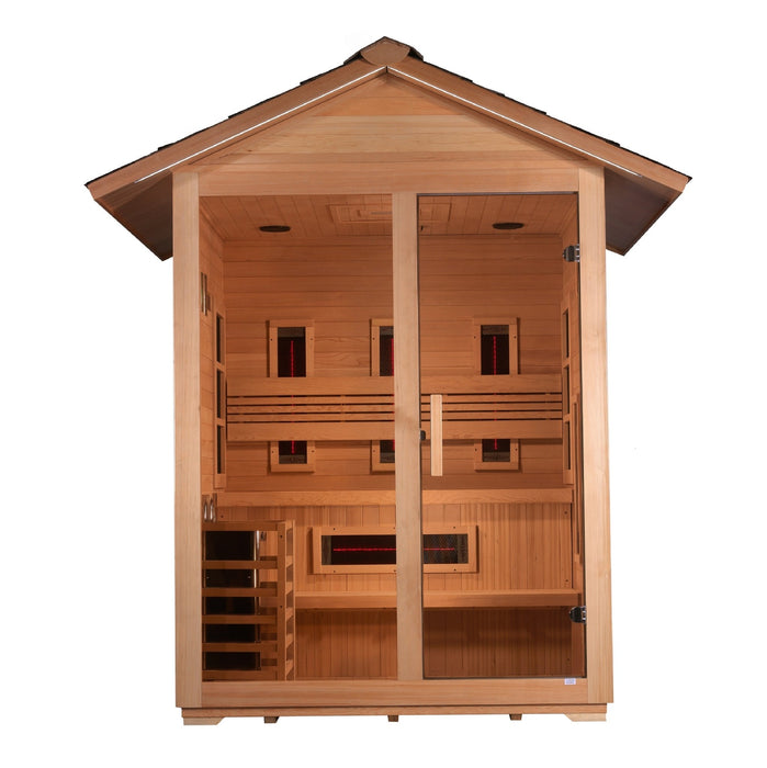 Golden Designs "Carinthia" 3 Person Hybrid (PureTech™ Full Spectrum IR or Traditional Stove) Outdoor Sauna - Canadian Hemlock - Sauna Super