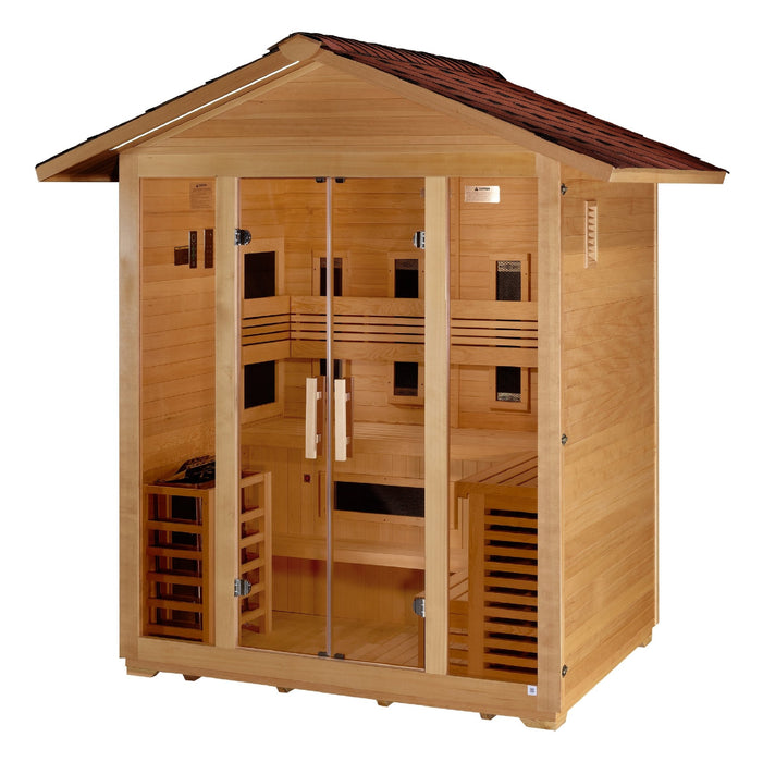 Golden Designs "Gargellen" 5 Person Hybrid (PureTech™ Full Spectrum IR or Traditional Stove) Outdoor Sauna - Canadian Hemlock - Sauna Super