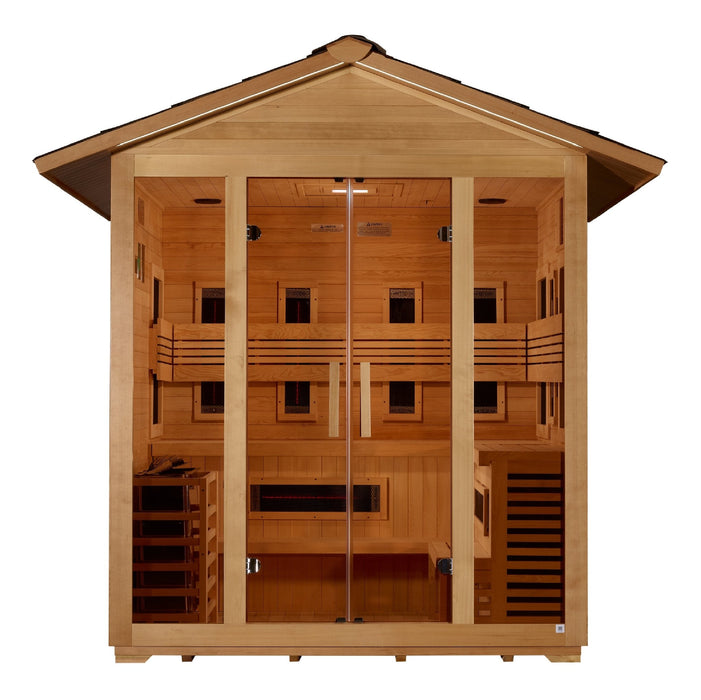 Golden Designs Golden Designs "Gargellen" 5 Person Hybrid (PureTech™ Full Spectrum IR or Traditional Stove) Outdoor Sauna - Canadian Hemlock GDI-8125-01 Sauna Super