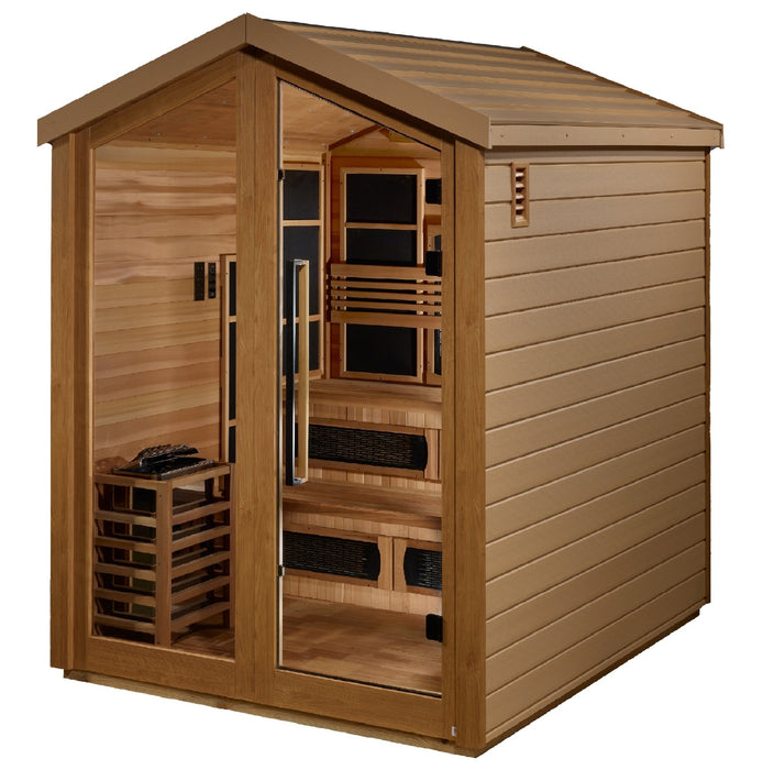 Golden Designs Kaskinen 6 Person Hybrid (PureTech™ Full Spectrum IR or Traditional Stove) Outdoor Sauna (GDI-8526-01) - Canadian Red Cedar Interior - Sauna Super