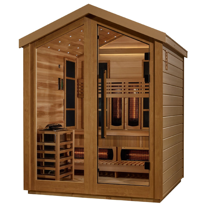 Golden Designs Loviisa 3 Person Hybrid (PureTech™ Full Spectrum IR or Traditional Stove) Outdoor Saunaa (GDI-8523-01) - Canadian Red Cedar Interior - Sauna Super