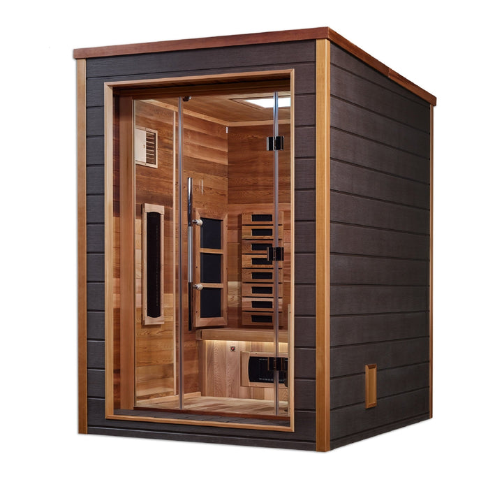 Golden Designs Nora 2 Person Hybrid (PureTech™ Full Spectrum IR or Traditional Stove) Outdoor Sauna (GDI-8222-01) - Canadian Red Cedar Interior - Sauna Super