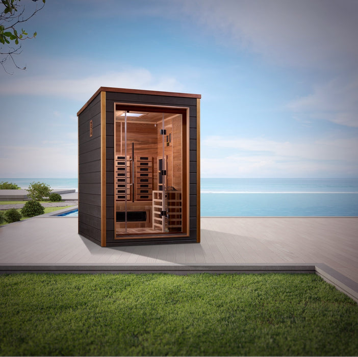 Golden Designs Nora 2 Person Hybrid (PureTech™ Full Spectrum IR or Traditional Stove) Outdoor Sauna (GDI-8222-01) - Canadian Red Cedar Interior - Sauna Super