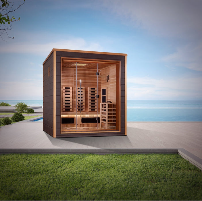 Golden Designs Visby 3 Person Hybrid (PureTech™ Full Spectrum IR or Traditional Stove) Outdoor Sauna (GDI-8223-01) - Canadian Red Cedar Interior - Sauna Super