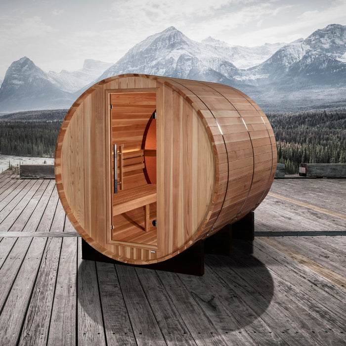 Golden Designs "Zurich" 4 Person Barrel with Bronze Privacy View - Traditional Sauna - Pacific Cedar - Sauna Super