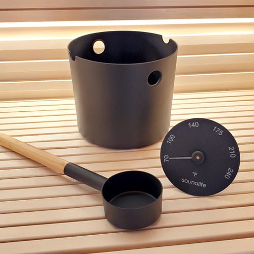 SaunaLife Aluminum 1 - Gallon Sauna Bucket Set with Wood Ladle and Thermometer - Sauna Super